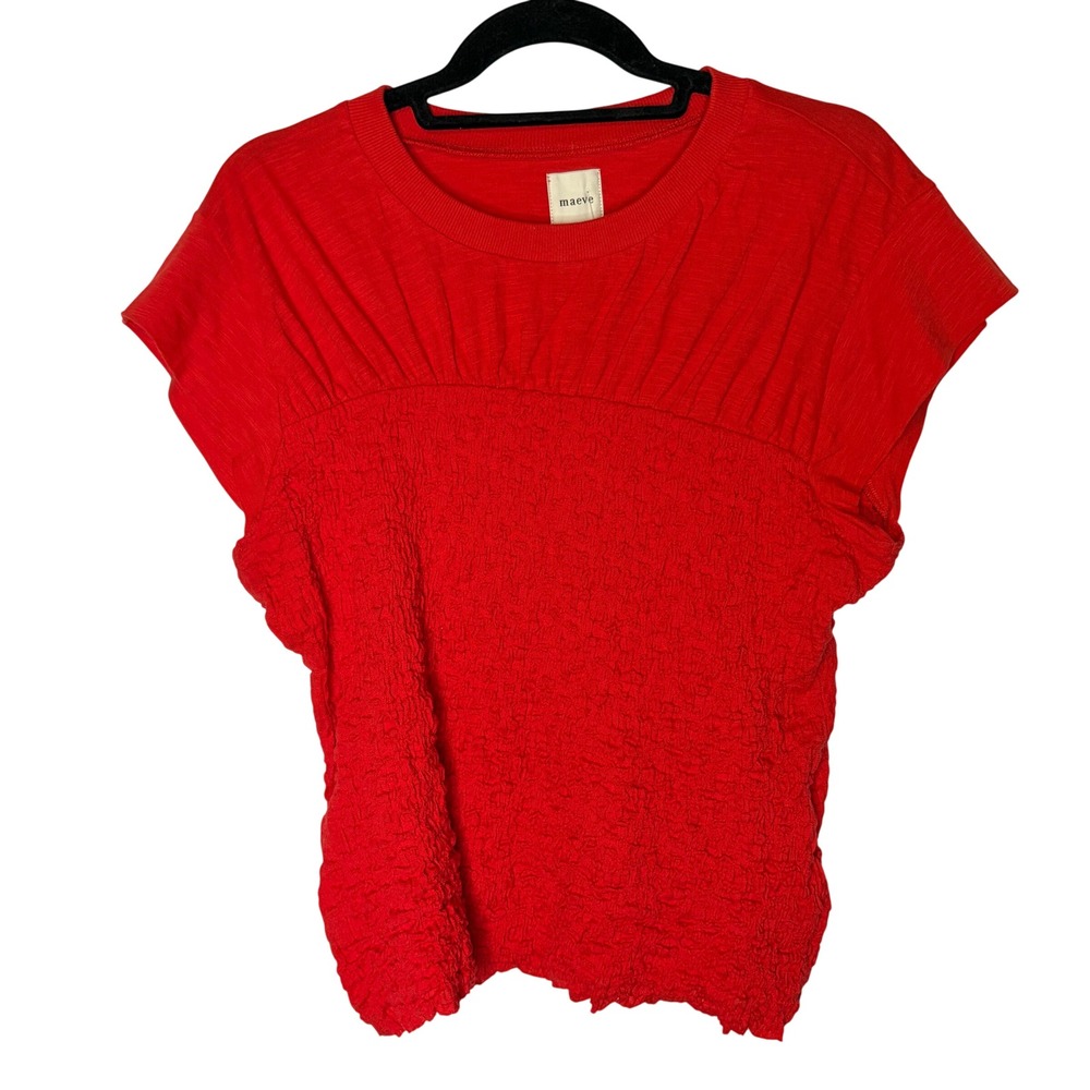 Maeve Anthro Red Textured Gauze Knit Top Size L Boho Mixed Media Cap Sleeve Tee